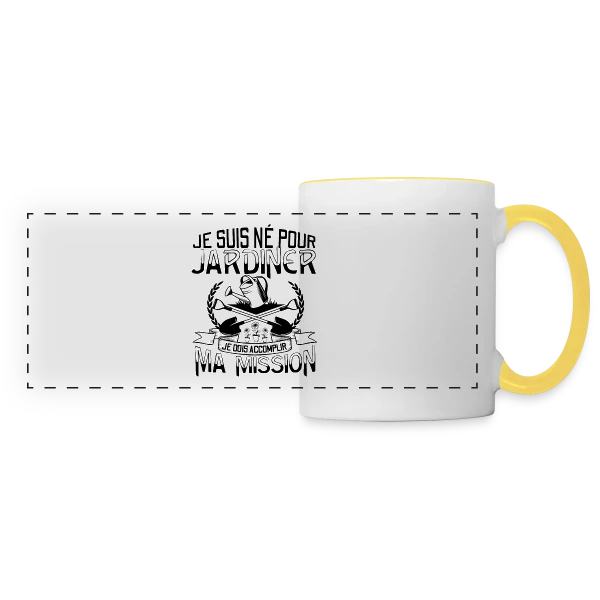 Né pour Jardiner - Mission Jardinage Humour sur Mug panoramique contrasté et blanc