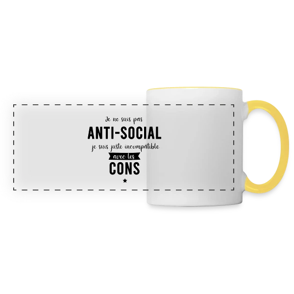 Pas Antisocial, Juste Incompatible avec les Cons sur Mug panoramique contrasté et blanc