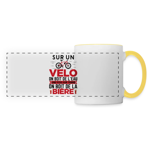 Humour Cycliste : De l'Eau sur le Vélo, de la Bière à Terre sur Mug panoramique contrasté et blanc