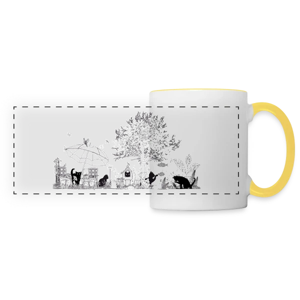 Jardin Luxuriant et Chats Noirs - Dessin Monochrome sur Mug panoramique contrasté et blanc