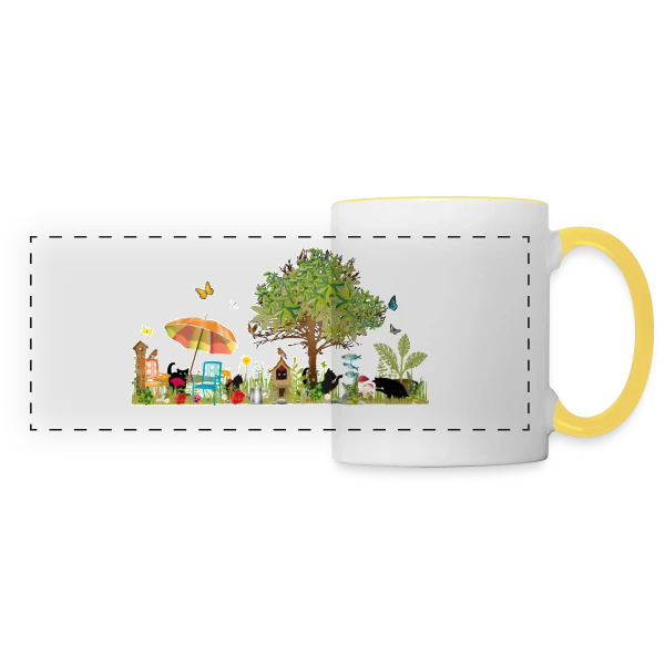 Jardin luxuriant et Chats Noirs - Illustration Poétique sur Mug panoramique contrasté et blanc