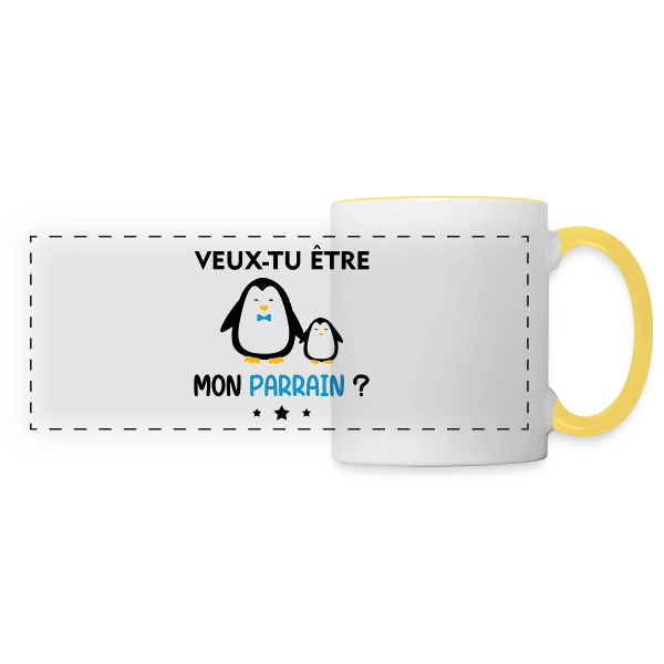 Demande Parrain Pingouins sur Mug panoramique contrasté et blanc