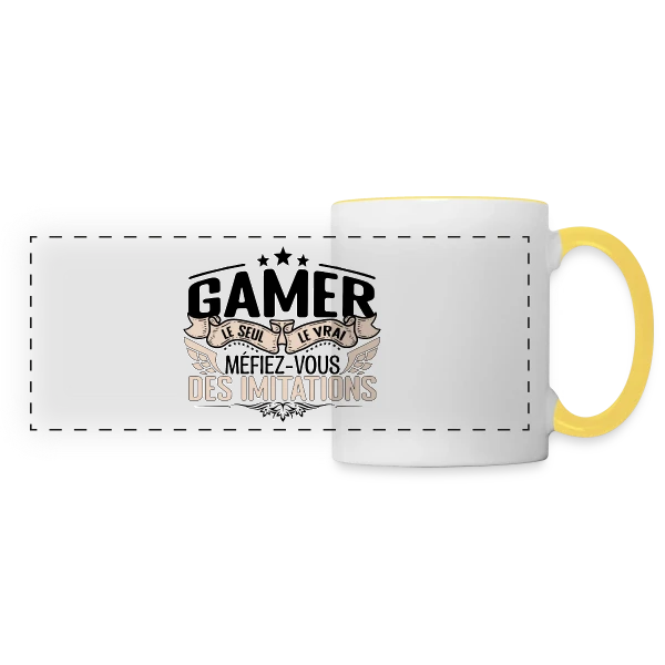 'Le Vrai Gamer' : Méfiez-vous des Imitations sur Mug panoramique contrasté et blanc