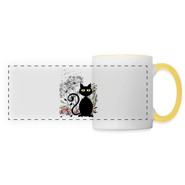 Chat Noir Fleuri sur Mug panoramique contrasté et blanc