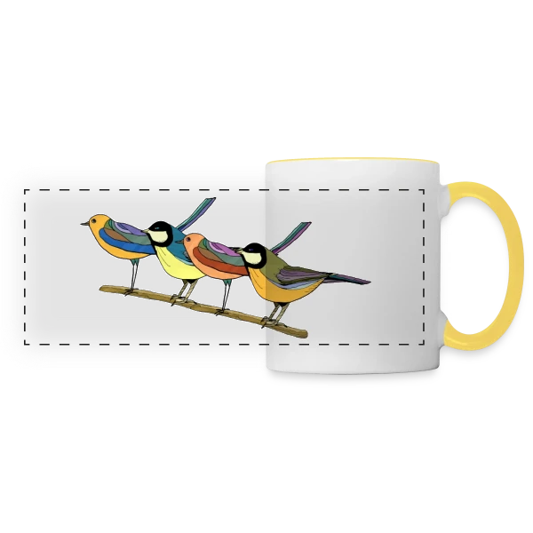 Quatre Oiseaux Colorés sur Mug panoramique contrasté et blanc