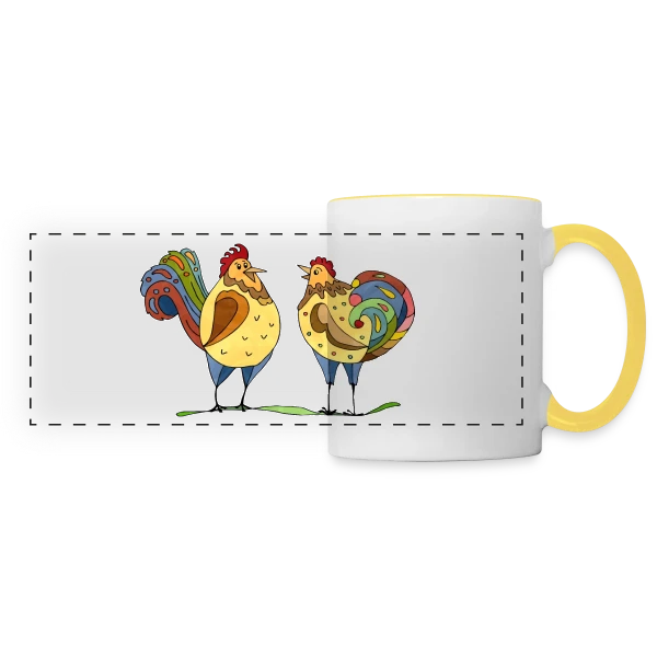 Duo Coq & Poule Champêtre sur Mug panoramique contrasté et blanc
