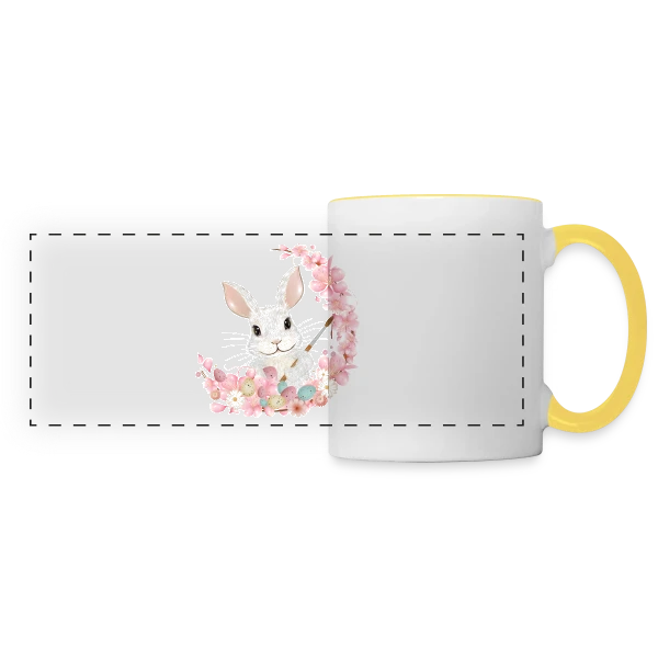 Lapin de Pâques Enchanteur: Fleurs et Pinceau Pastel sur Mug panoramique contrasté et blanc