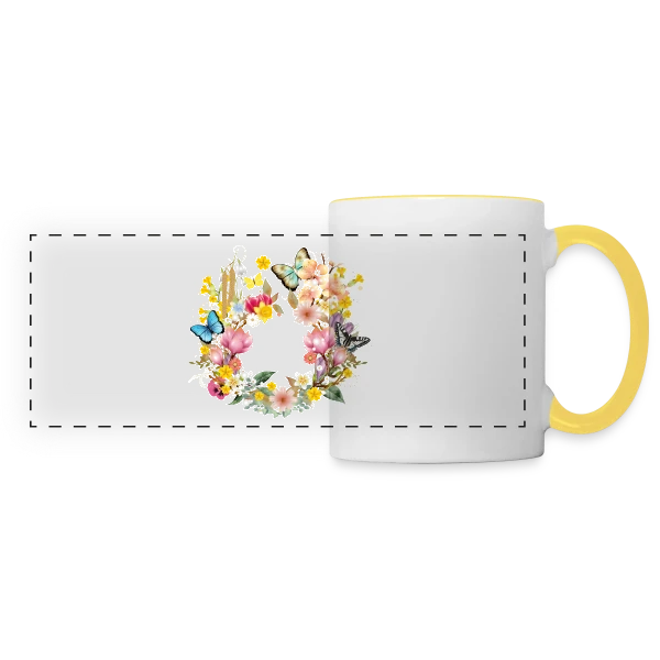 Éclosion Printanière : Fleurs et Papillons Colorés sur Mug panoramique contrasté et blanc