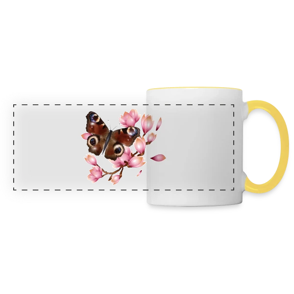 Papillon Paon et Magnolia Rose : Élégance Naturelle sur Mug panoramique contrasté et blanc