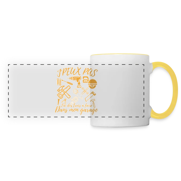 'J'Peux Pas J'Ai Bricolage' - Humour Papa Bricoleur sur Mug panoramique contrasté et blanc