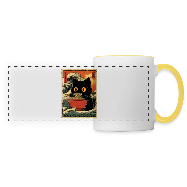Chat Ramen et Vague Japonaise : L'Art Kawaii sur Mug panoramique contrasté et blanc