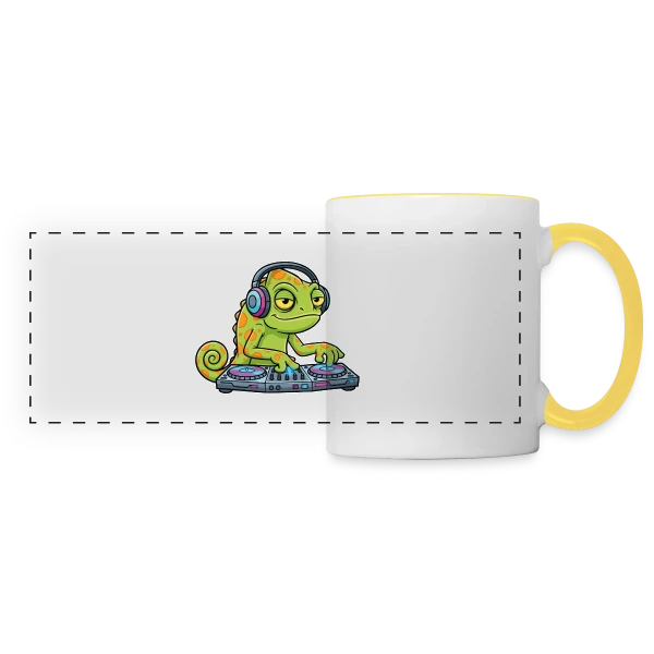 Caméléon DJ Mascotte Cartoon sur Mug panoramique contrasté et blanc