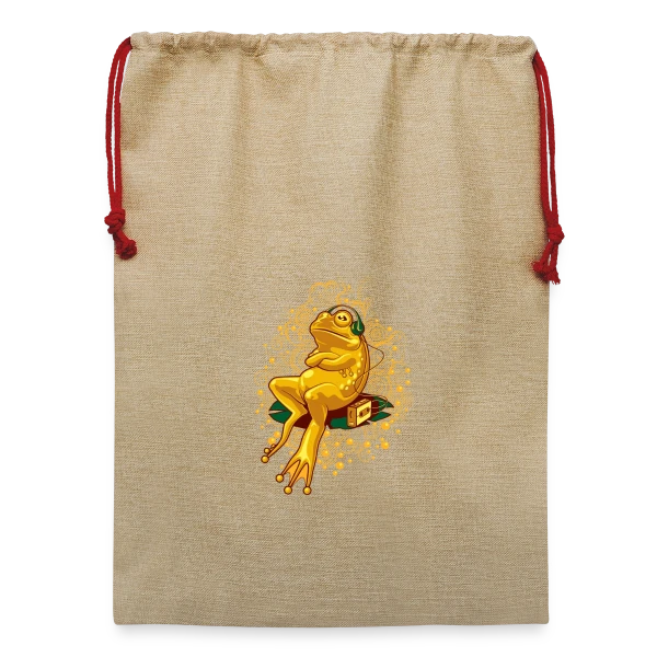 Grenouille Relax : Mode Cassette sur Sac de Noël en jute 