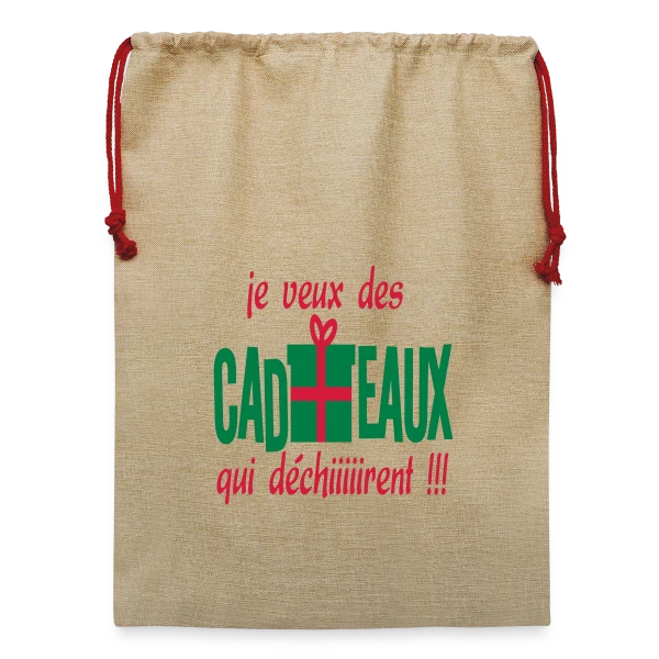 Maquette de Sac de Noël en jute  « Je Veux des Cadeaux Qui Déchirent ! » à personnaliser