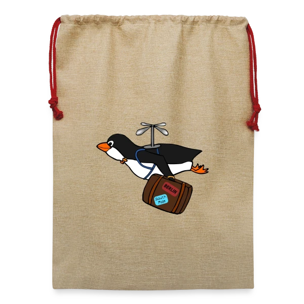 Pingouin Voyageur Hilarant sur Sac de Noël en jute 