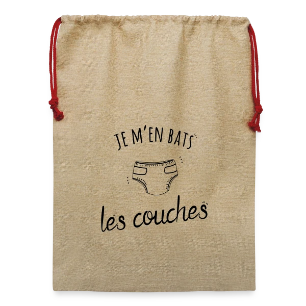 Maquette de Sac de Noël en jute  « Humour "Je M'en Bats Les Couches" - Idée Cadeau Drôle » à personnaliser