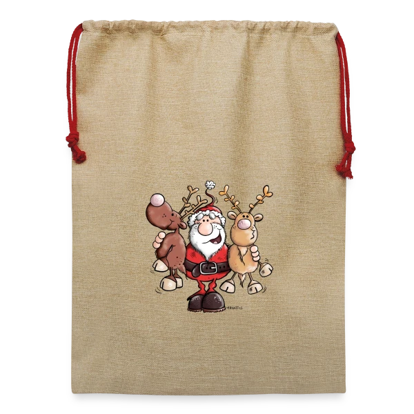 Maquette de Sac de Noël en jute  « Le Père Noël Câline ses Rennes - Esprit de Noël » à personnaliser