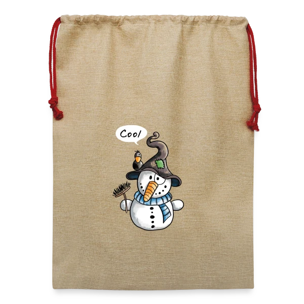 Maquette de Sac de Noël en jute  « Bonhomme de Neige Rigolo - Hiver Enchanté » à personnaliser