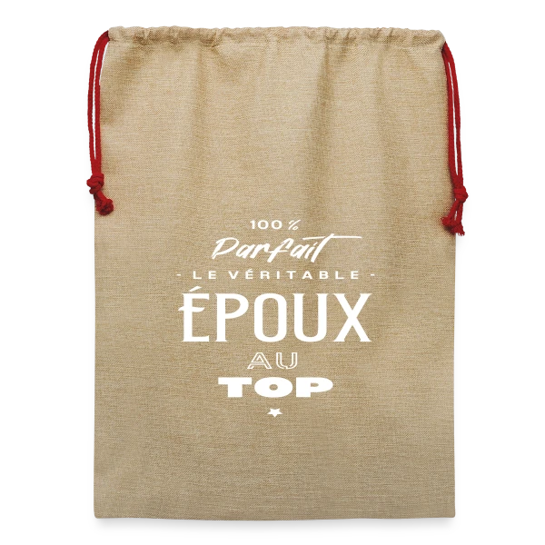 Maquette de Sac de Noël en jute  « Mon Époux, le Vrai Top ! » à personnaliser