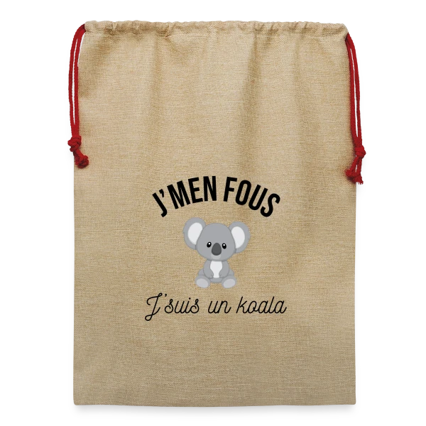 Maquette de Sac de Noël en jute  « "J'm'en Fous, J'suis un Koala" - Humour Décontracté » à personnaliser