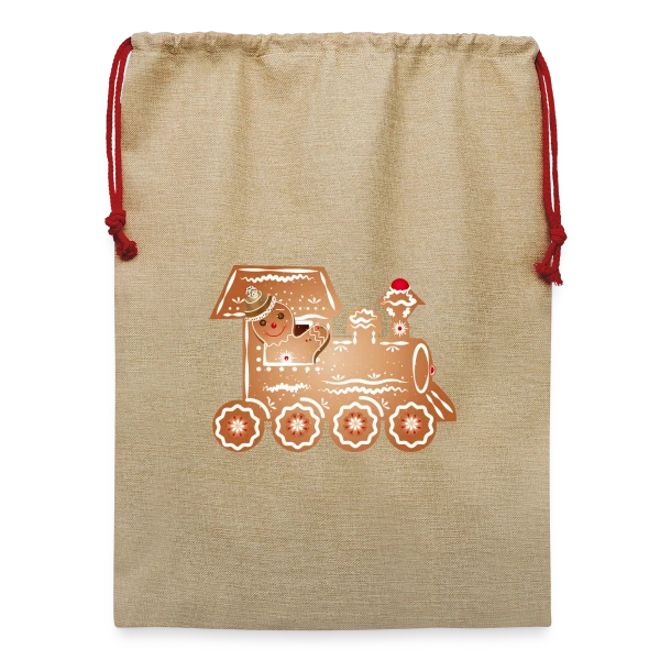 Maquette de Sac de Noël en jute  « Bonhomme en Pain d'Épices Conducteur de Train de Noël » à personnaliser