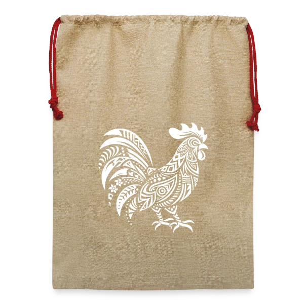 Maquette de Sac de Noël en jute  « Coq Tribal : Symbole de Force et Fierté » à personnaliser
