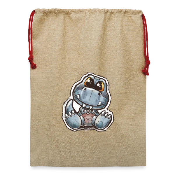 P'tit Dino Mignon sur Sac de Noël en jute 