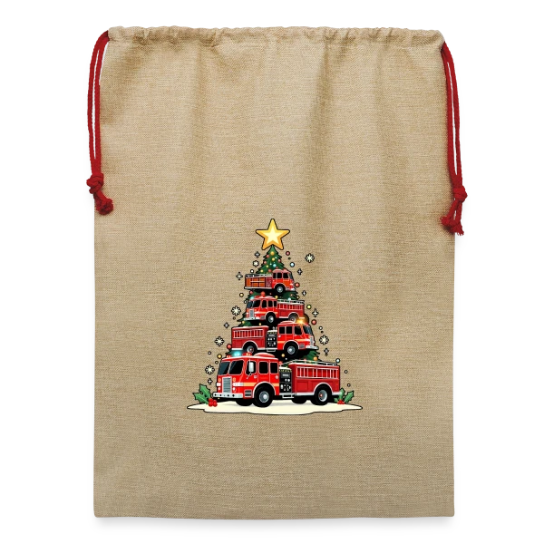 Maquette de Sac de Noël en jute  « Camion de Pompiers Rigolo - Noël Enchanté » à personnaliser
