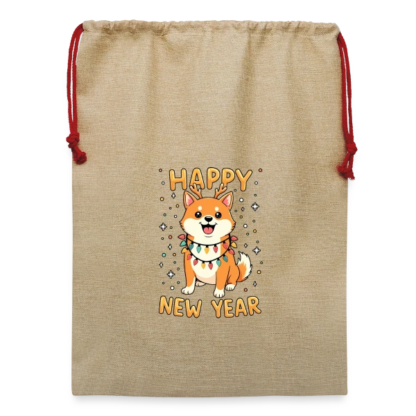 Maquette de Sac de Noël en jute  « Shiba Inu Lumières de Noël - Fêtes de Fin d'Année » à personnaliser