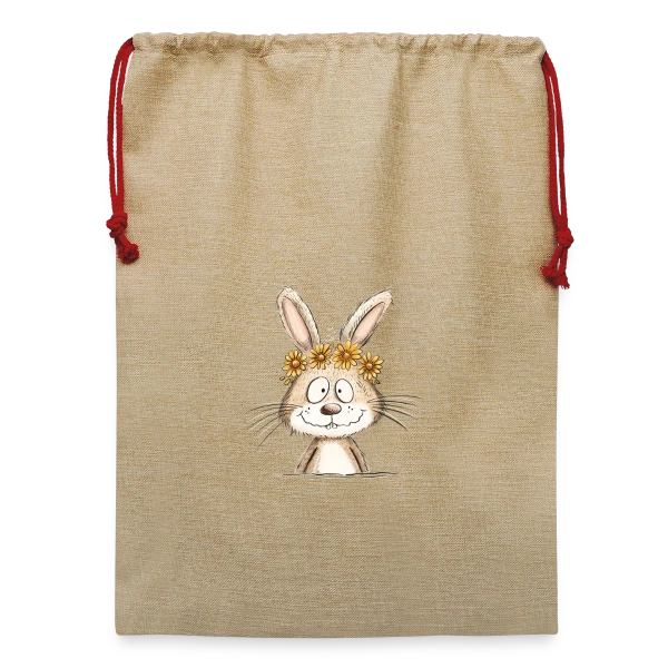 Lapin Rigolo Couronne Fleurs sur Sac de Noël en jute 