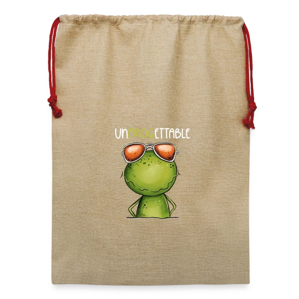 Grenouille Cool et Inoubliable sur Sac de Noël en jute 