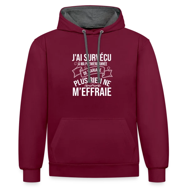 1 An de Mariage - J'ai Survécu ! Humour Couple sur Sweat à capuche contrasté