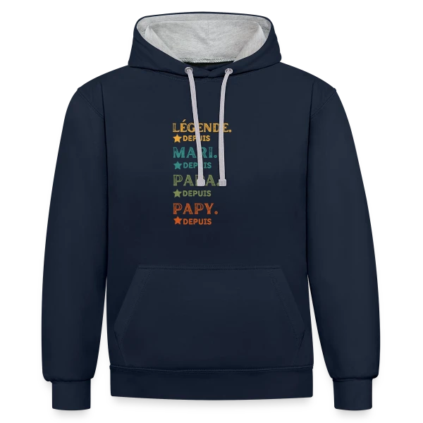 Légende Personnalisée : Mari, Papa, Papy Depuis [Année] sur Sweat à capuche contrasté