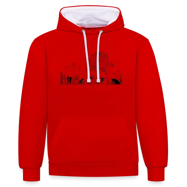 Jardin Luxuriant et Chats Noirs - Dessin Monochrome sur Sweat à capuche contrasté