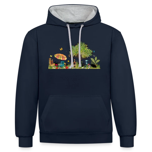 Jardin luxuriant et Chats Noirs - Illustration Poétique sur Sweat à capuche contrasté