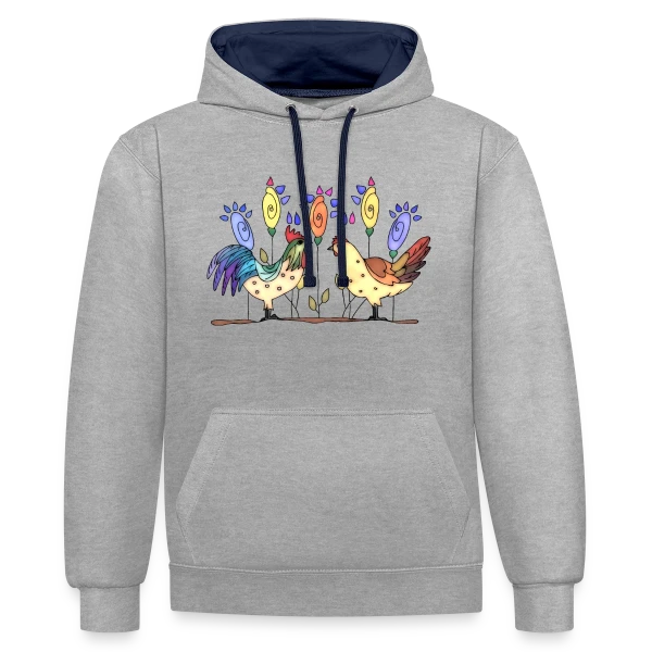 Duo Fermier Coq & Poule sur Sweat à capuche contrasté