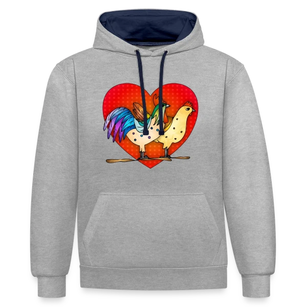 Duo Coq et Poule Champêtre sur Sweat à capuche contrasté