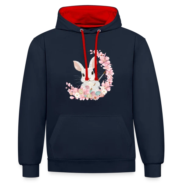Lapin de Pâques Enchanteur: Fleurs et Pinceau Pastel sur Sweat à capuche contrasté