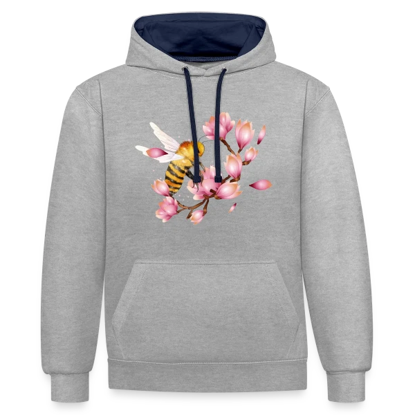 Abeille Volante et Magnolias – Dessin Main Élégant sur Sweat à capuche contrasté