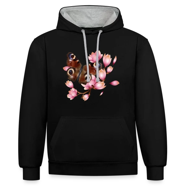 Papillon Paon et Magnolia Rose : Élégance Naturelle sur Sweat à capuche contrasté
