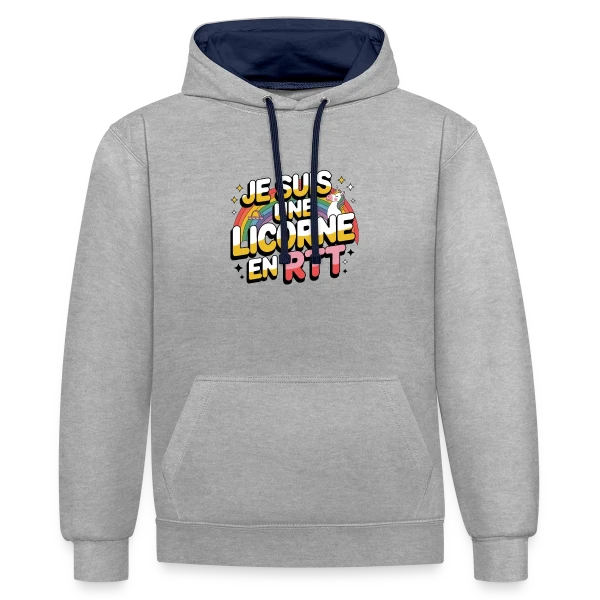 Licorne en RTT Arc-en-ciel sur Sweat à capuche contrasté