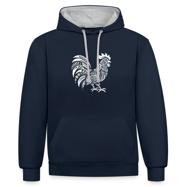 Coq Tribal : Symbole de Force et Fierté sur Sweat à capuche contrasté