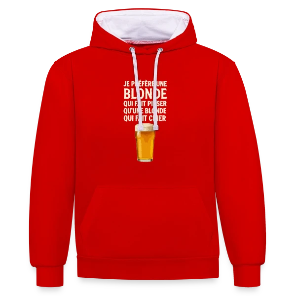Je Préfère Une Blonde : Humour de Bistrot & Bière sur Sweat à capuche contrasté