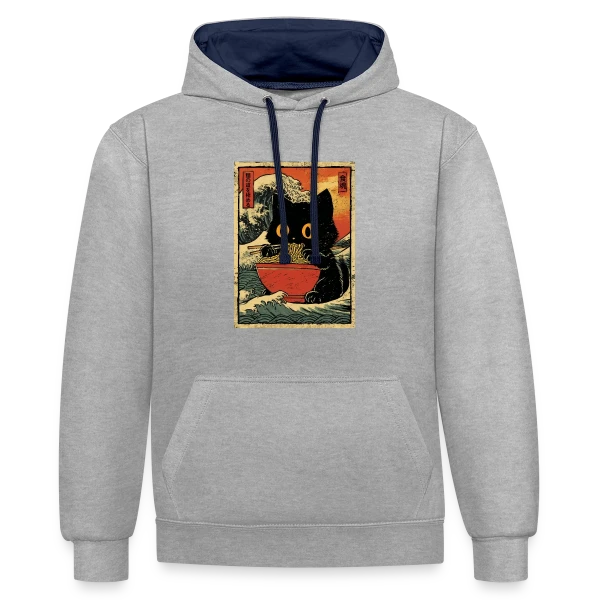 Chat Ramen et Vague Japonaise : L'Art Kawaii sur Sweat à capuche contrasté