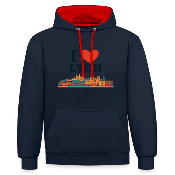 J'aime Lyon Skyline Coloré sur Sweat à capuche contrasté