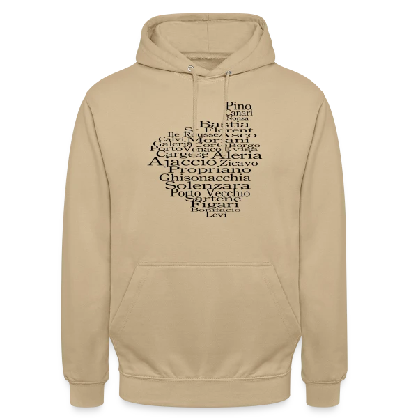 Carte Corse Villes Typographie sur Sweat-shirt à capuche unisexe