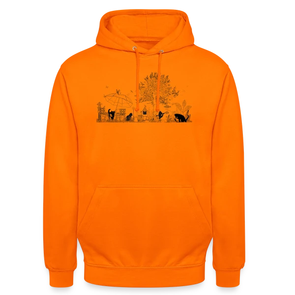 Jardin Luxuriant et Chats Noirs - Dessin Monochrome sur Sweat-shirt à capuche unisexe