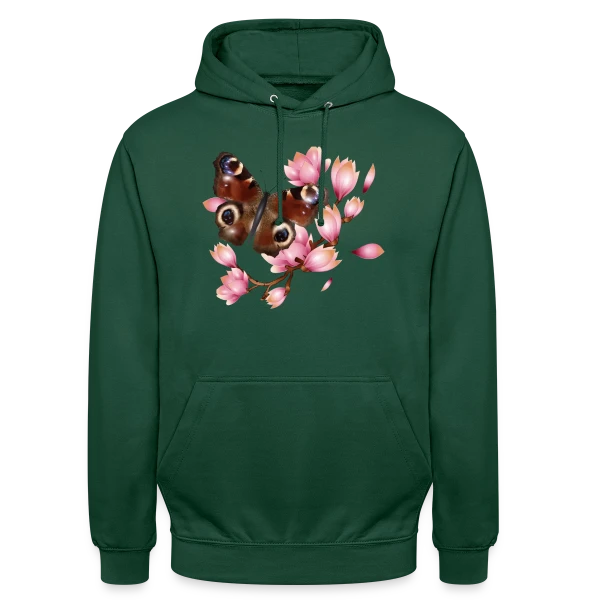 Papillon Paon et Magnolia Rose : Élégance Naturelle sur Sweat-shirt à capuche unisexe