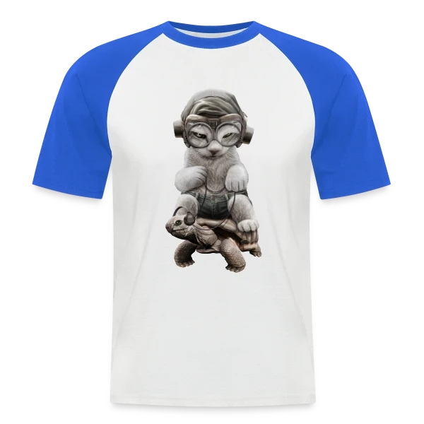 Chat Cavalier sur Tortue de Guerre sur T-shirt baseball manches courtes Homme
