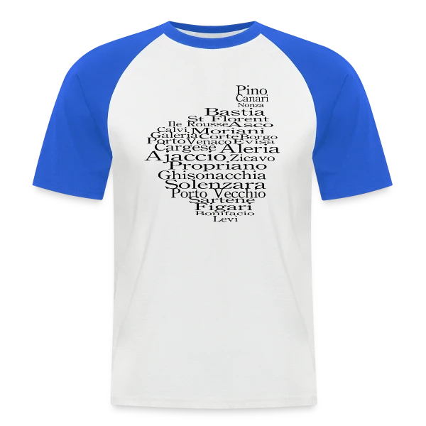 Carte Corse Villes Typographie sur T-shirt baseball manches courtes Homme